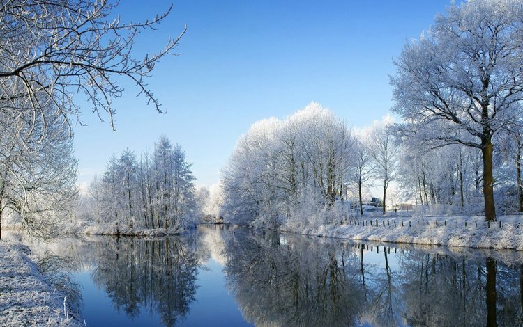 небо, снежный, деревья, река, снег, лес, зима, отражение, иней, the sky, trees, river, snow, forest, winter, reflection, frost