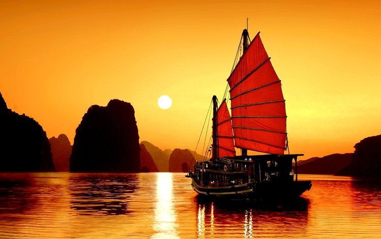 вечер, вьетнам, озеро, закат, пейзаж, горизонт, парусник, азия, залив, the evening, vietnam, lake, sunset, landscape, horizon, sailboat, asia, bay