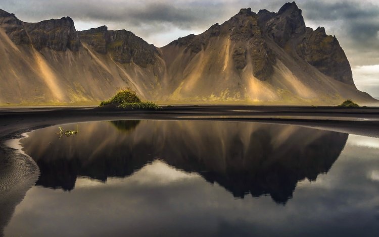 озеро, горы, отражение, исландия, vestrahorn, coastal mountain range, stokksnes, lake, mountains, reflection, iceland