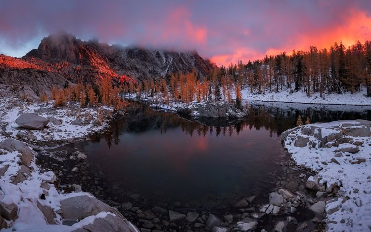 озеро, горы, снег, закат, отражение, осень, enchanted leprechaun, lake, mountains, snow, sunset, reflection, autumn