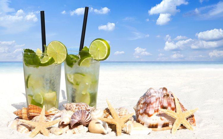 море, пляж, ракушки, лайм, коктейль, водопой, мохито, seashells, sea, beach, shell, lime, cocktail, drink, mojito