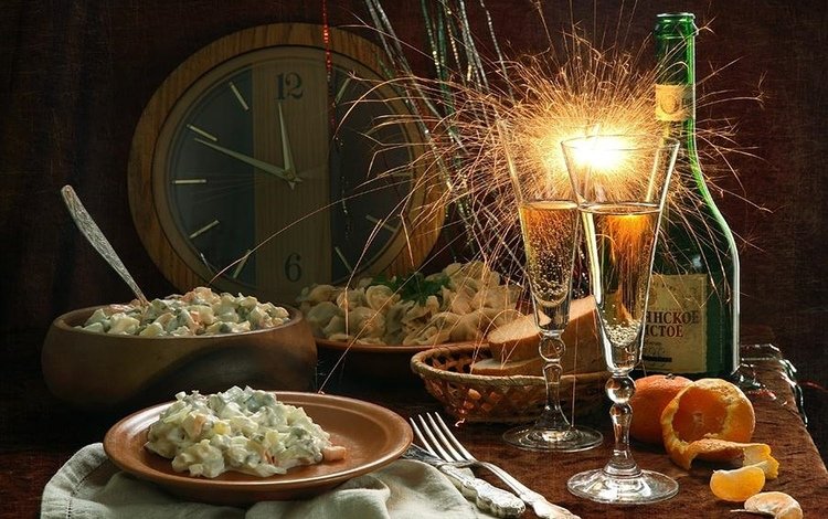 новый год, шампанское, натюрморт, оливье, new year, champagne, still life, olivier