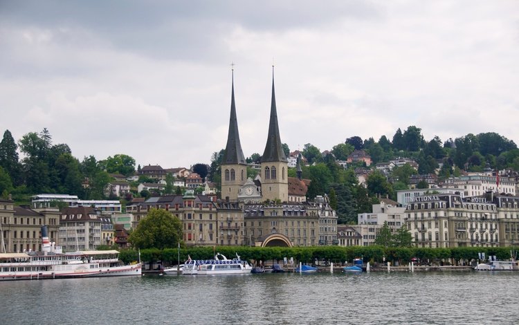 озеро, швейцария, дома, церковь, люцерн, lake, switzerland, home, church, lucerne
