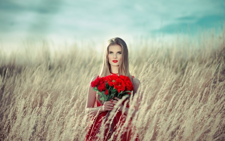 девушка, поле, розы, красные, букет, макияж, girl, field, roses, red, bouquet, makeup