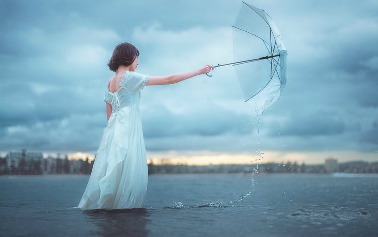 вода, девушка, настроение, зонт, зонтик, азиатка, белое платье, water, girl, mood, umbrella, asian, white dress