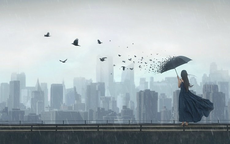арт, девушка, мост, город, фантазия, птицы, дождь, зонт, art, girl, bridge, the city, fantasy, birds, rain, umbrella
