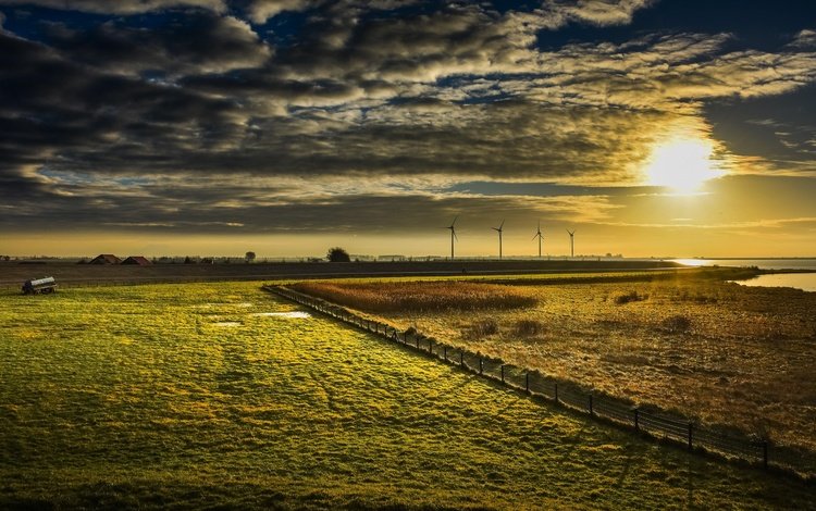 закат, поле, ветряки, ветротурбины, sunset, field, windmills, wind turbine
