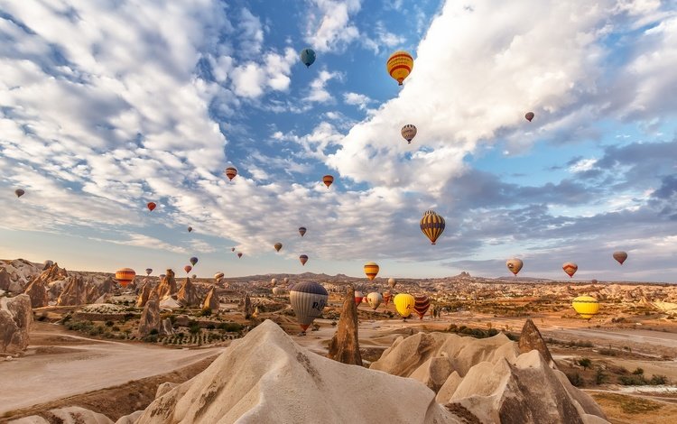 небо, облака, горы, скалы, турция, воздушный шар, каппадокия, the sky, clouds, mountains, rocks, turkey, balloon, cappadocia