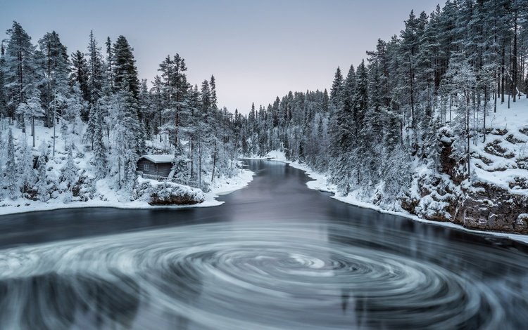 река, природа, лес, зима, финляндия, myllykoski, kuusamo, river, nature, forest, winter, finland