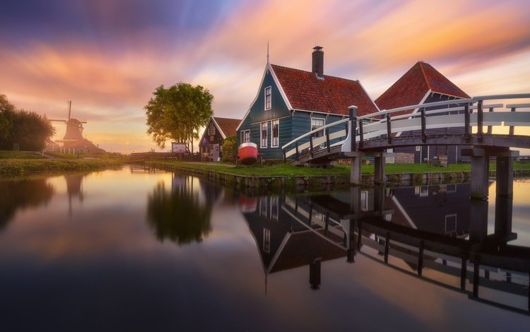 мост, канал, дома, нидерланды, поселок, bridge, channel, home, netherlands, the village