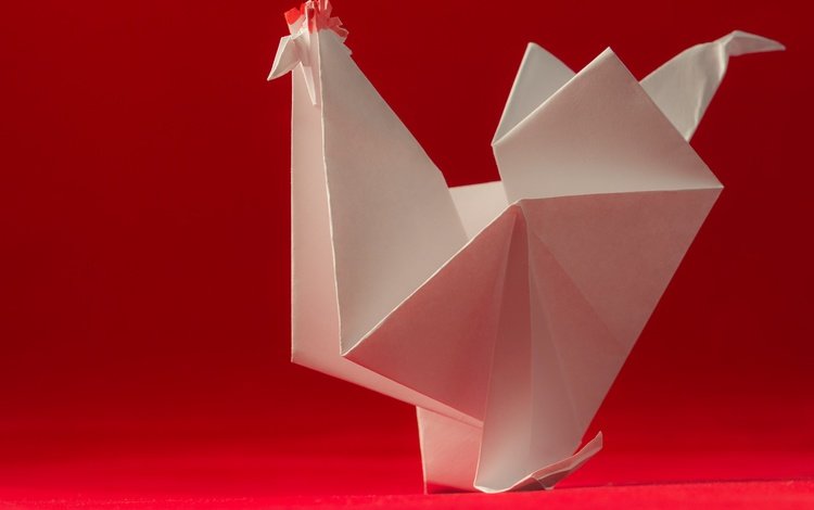 бумага, птица, оригами, красный фон, петух, paper, bird, origami, red background, cock