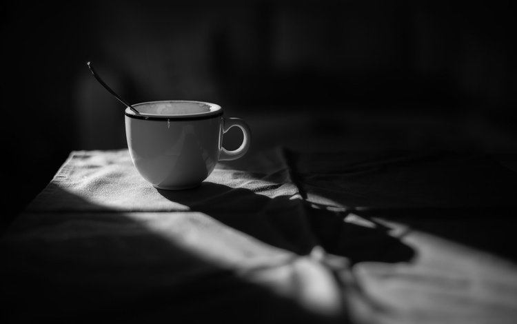 кофе, чёрно-белое, чашка, ложка, coffee, black and white, cup, spoon