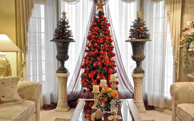 свечи, столик, новый год, гостиная, елка, лампа, ваза, праздник, рождество, диван, candles, table, new year, living room, tree, lamp, vase, holiday, christmas, sofa