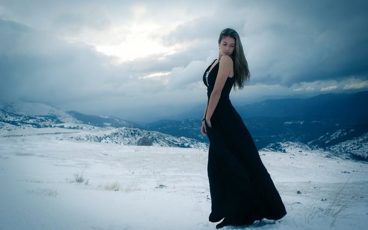 горы, one with the winter, снег, девушка, платье, поза, взгляд, модель, лицо, mountains, snow, girl, dress, pose, look, model, face