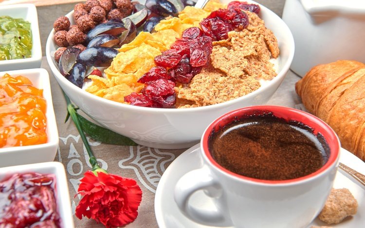 фрукты, кофе, ягоды, завтрак, мюсли, свежие ягоды, fruit, coffee, berries, breakfast, muesli, fresh berries
