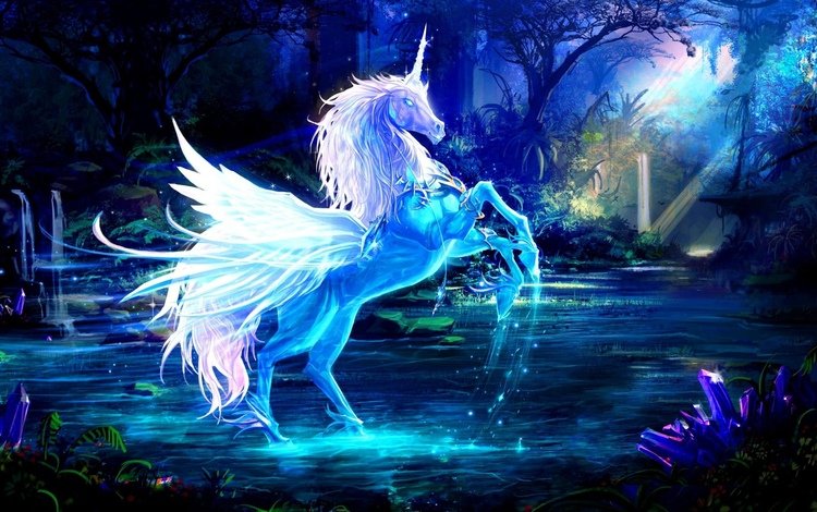 синий, крылья, единорог, рог, водный, blue, wings, unicorn, horn, water