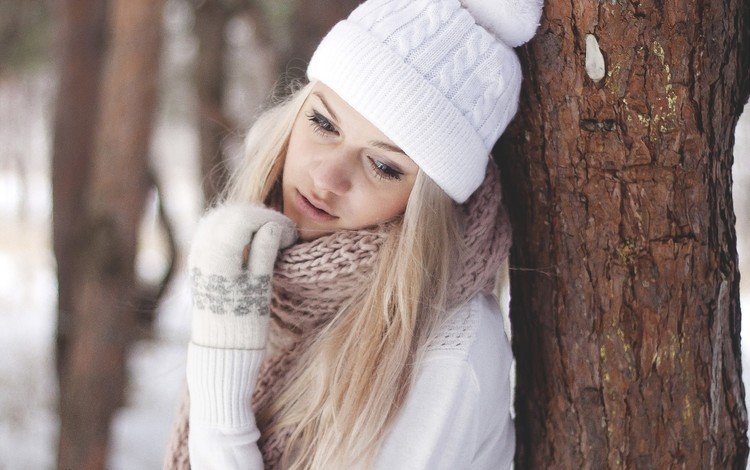 зима, блондинка, шапка, шарф, winter, blonde, hat, scarf