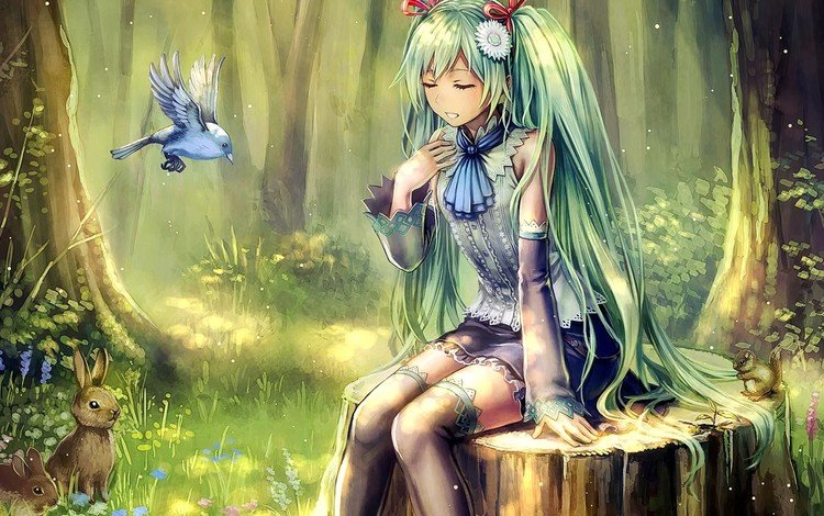 лес, девушка, аниме, птицы, forest, girl, anime, birds