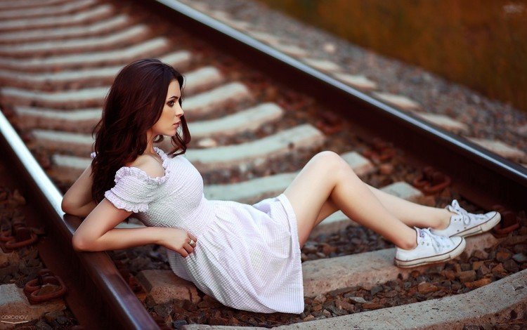 рельсы, девушка, платье, опасность, железнодорожная дорога, rails, girl, dress, danger, railroad