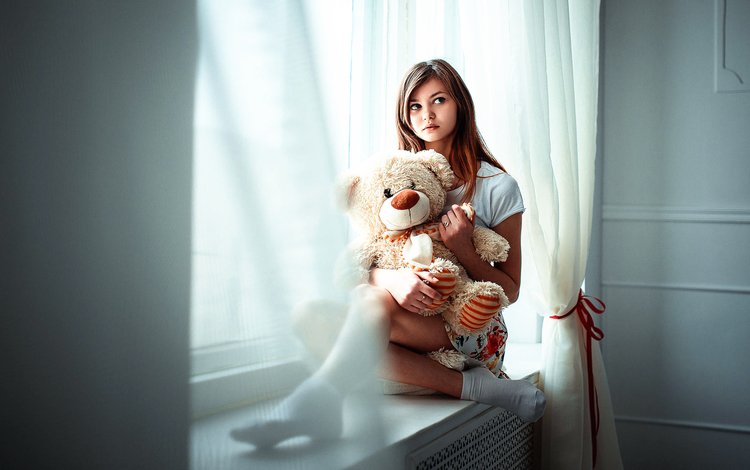 девушка, настроение, медведь, игрушка, окно, плюшевый мишка, girl, mood, bear, toy, window, teddy bear