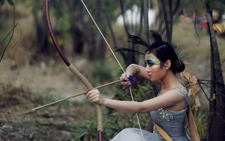 лес, девушка, лук, стрела, лицо, макияж, азиатка, forest, girl, bow, arrow, face, makeup, asian