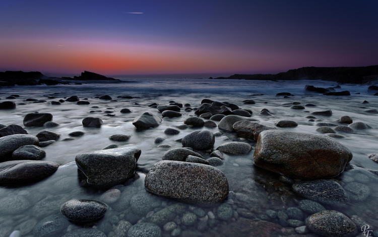 камни, берег, море, рассвет, сумерки, stones, shore, sea, dawn, twilight