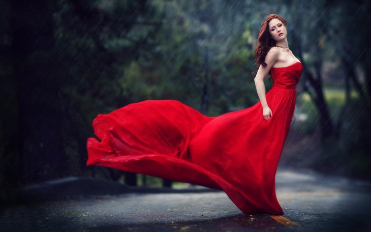 девушка, капли, рыжая, дождь, красное платье, girl, drops, red, rain, red dress
