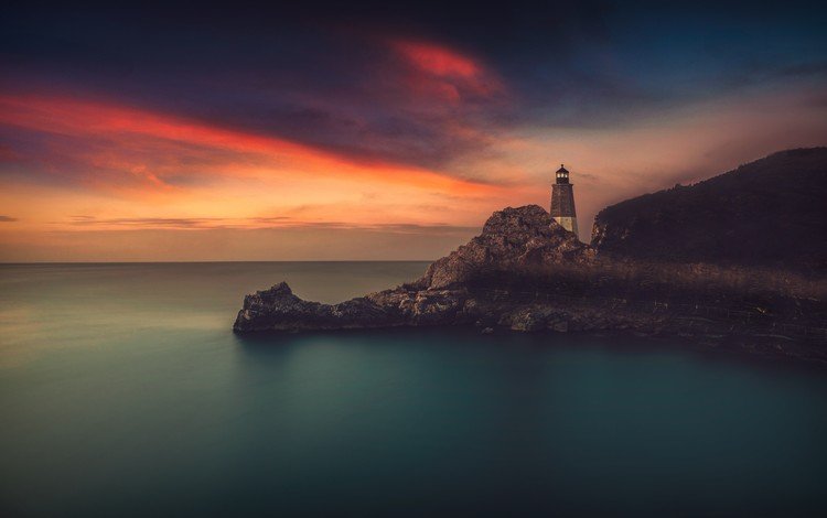 природа, закат, море, маяк, nature, sunset, sea, lighthouse