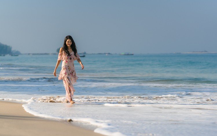девушка, море, песок, пляж, модель, азиатка, girl, sea, sand, beach, model, asian