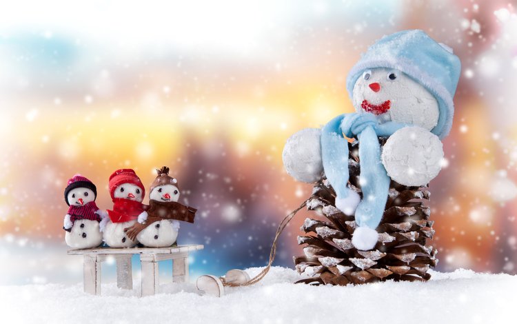 снег, шапки, новый год, зима, снеговик, праздники, шишки, снеговики, санки, snow, caps, new year, winter, snowman, holidays, bumps, snowmen, sled