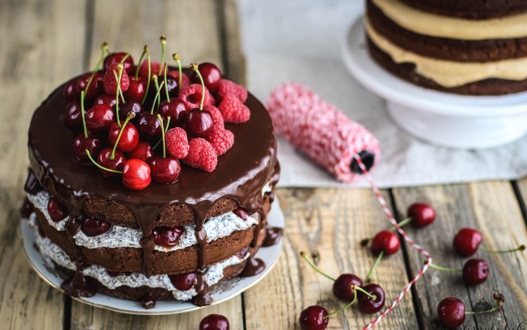 малина, ягоды, вишня, торт, шоколадный, крем, raspberry, berries, cherry, cake, chocolate, cream