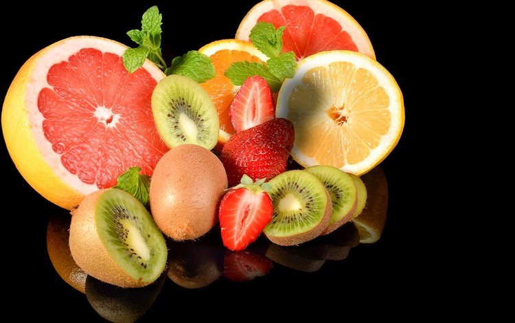 ягода, фрукты, апельсины, клубника, черный фон, киви, грейпфруты, berry, fruit, oranges, strawberry, black background, kiwi, grapefruit