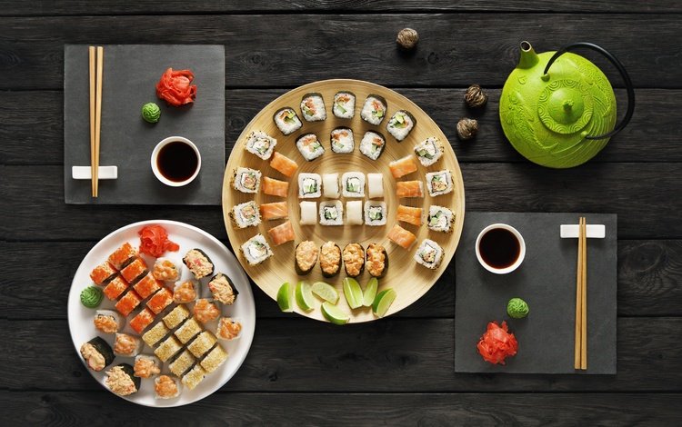 японская еда, палочки, соус, суши, роллы, вассаби, имбирь, набор, japanese food, sticks, sauce, sushi, rolls, wasabi, ginger, set
