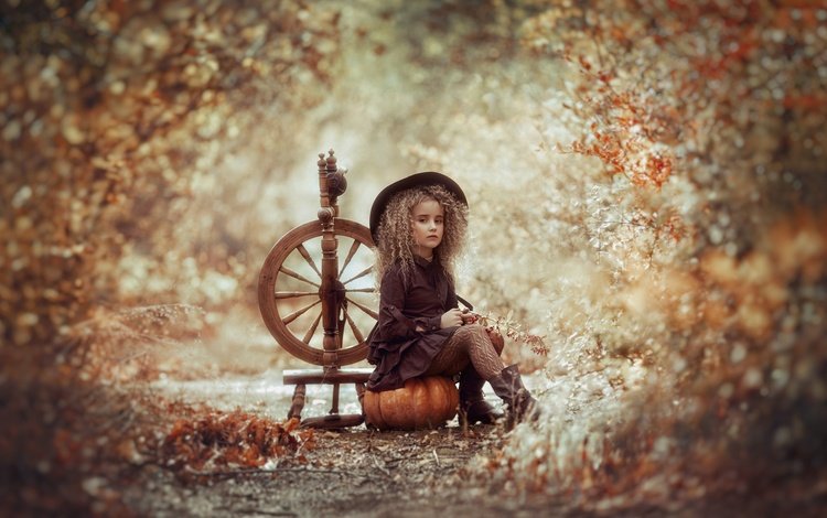листва, веретено, осень, ведьмочка, дети, девочка, маленькая, хеллоуин, тыква, боке, foliage, the spindle, autumn, witch, children, girl, little, halloween, pumpkin, bokeh
