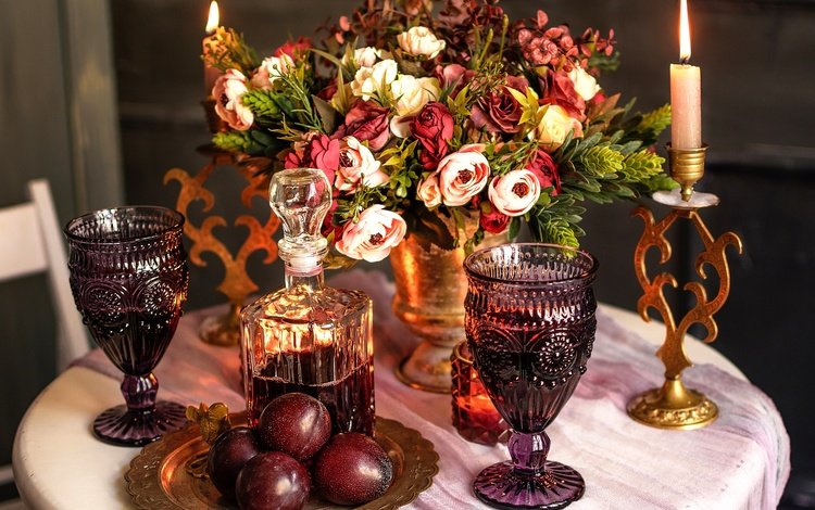 цветы, стол, букет, вино, свеча, бокалы, сливы, графин, flowers, table, bouquet, wine, candle, glasses, plum, decanter