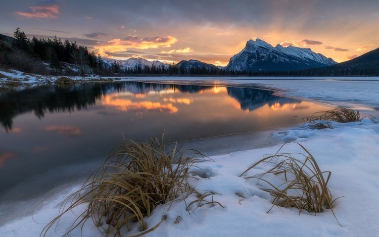 озеро, горы, закат, зима, отражение, lake, mountains, sunset, winter, reflection