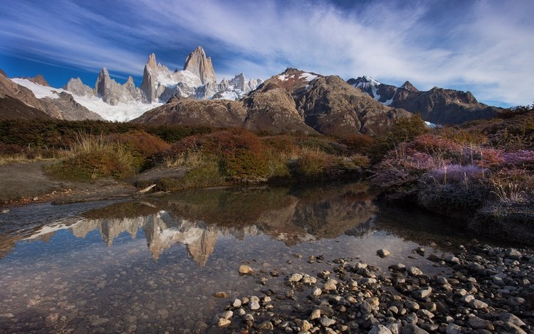 вода, горы, скалы, камни, отражение, утро, патагония, water, mountains, rocks, stones, reflection, morning, patagonia