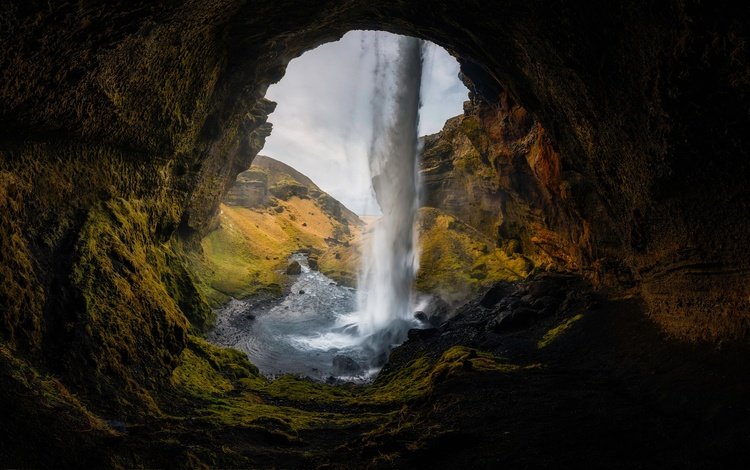 скалы, водопад, пещера, исландия, northern cave, сельяландсфосс, водопад сельяландсфосс, rocks, waterfall, cave, iceland, seljalandsfoss, seljalandsfoss waterfall