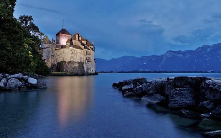 ночь, огни, вода, замок, швейцария, шильонский замок, night, lights, water, castle, switzerland, chillon castle