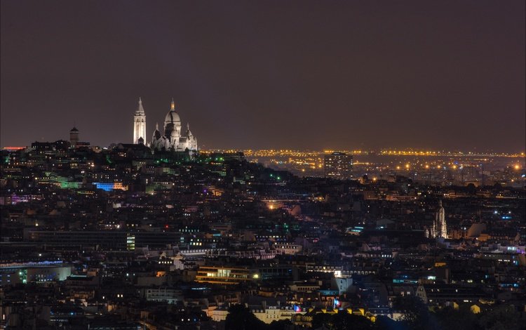ночь, огни, панорама, париж, франция, монмартр, базилика, сакре-кёр, night, lights, panorama, paris, france, montmartre, basilica, sacre coeur