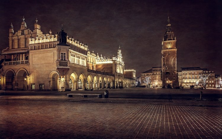 ночь, башня, архитектура, здания, площадь, польша, краков, night, tower, architecture, building, area, poland, krakow