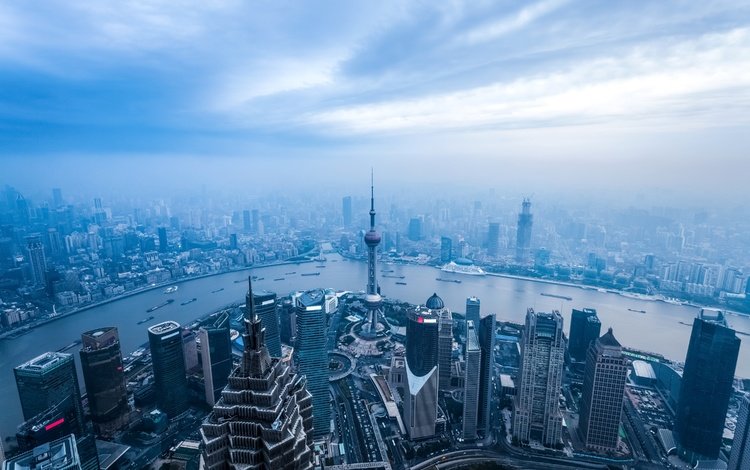 река, китай, туман, синева, панорама, вид сверху, небоскребы, шанхай, мегаполис, дома, river, china, fog, blue, panorama, the view from the top, skyscrapers, shanghai, megapolis, home