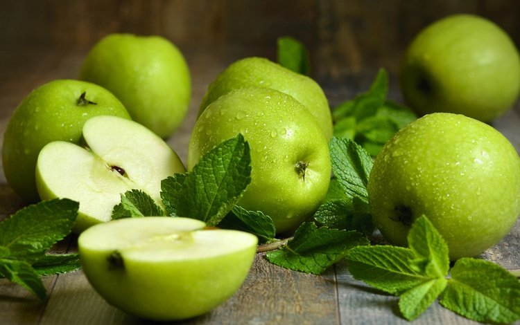 мята, макро, фон, фрукты, яблоки, зеленые, mint, macro, background, fruit, apples, green