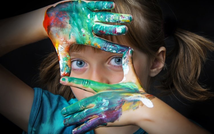 глаза, краски, цвет, дети, девочка, лицо, руки, пальцы, eyes, paint, color, children, girl, face, hands, fingers