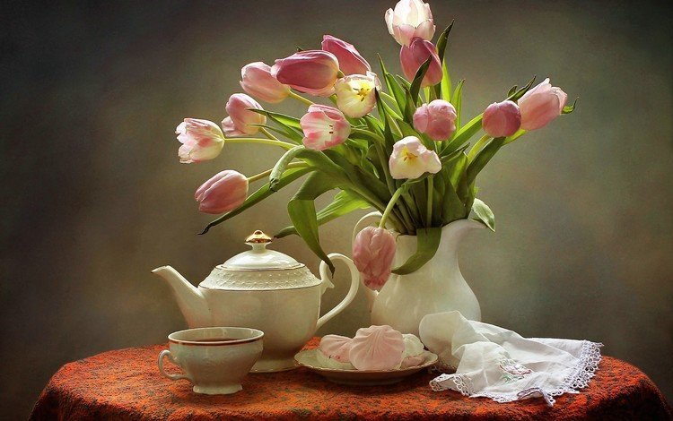 букет, тюльпаны, чай, чайник, зефир, натюрморт, bouquet, tulips, tea, kettle, marshmallows, still life