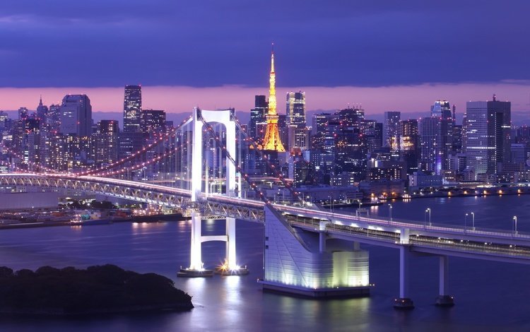 город, япония, островок, японии, токио, радужный мост, токийский залив, the city, japan, island, tokyo, rainbow bridge, tokyo bay