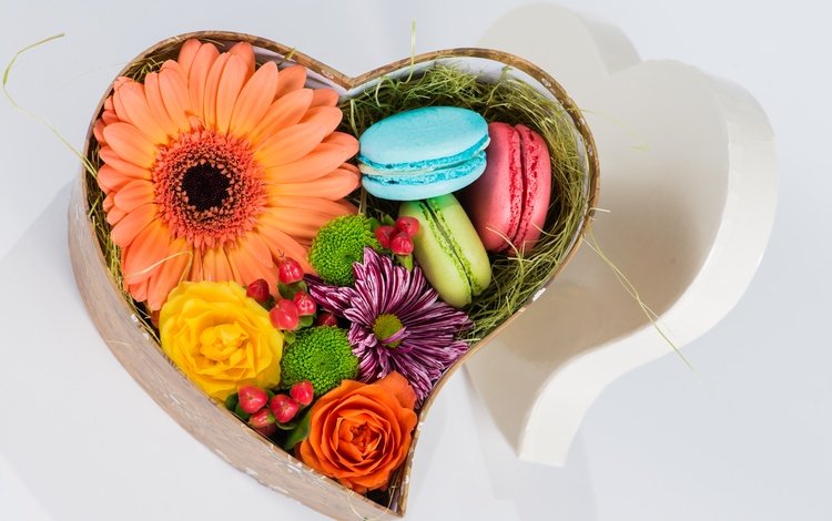 цветы, сердечко, подарок, коробка, печенье, макаруны, flowers, heart, gift, box, cookies, macaroon