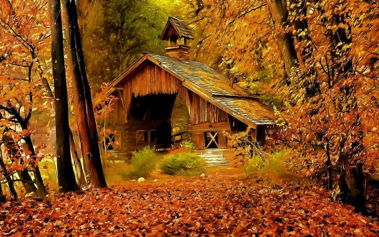 арт, рисунок, деревья, лес, осень, дом, опадают, осен, art, figure, trees, forest, autumn, house, fall