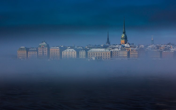небо, море, туман, башня, дома, швеция, стокгольм, the sky, sea, fog, tower, home, sweden, stockholm