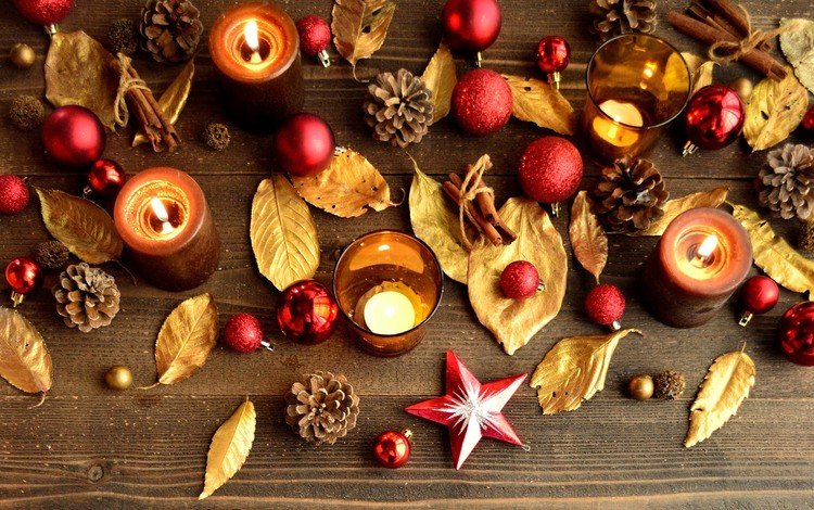 свечи, шишки, новый год, декор, шары, листья, украшения, корица, огонь, шарики, рождество, christmas, candles, bumps, new year, decor, balls, leaves, decoration, cinnamon, fire